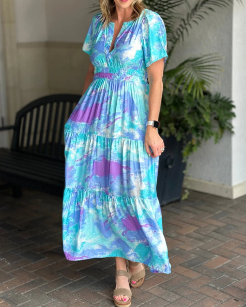 Short Sleeve Pleated Tie-Dye Dress casual dresses spring summer vacation dresses