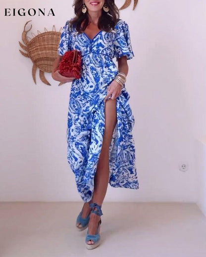 Fresh printed slim fit slit dress casual dresses summer