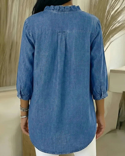 Ruffle V-Neck Denim Blouse