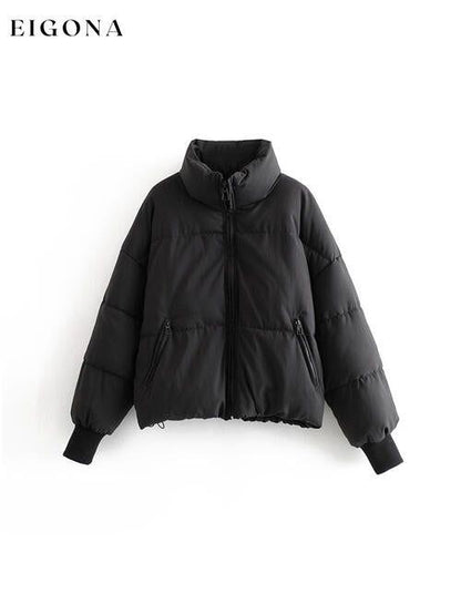 Zip Up Drawstring Winter Coat with Pockets Black clothes K&BZ Ship From Overseas
