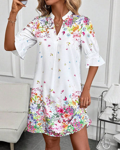 V-Neck Puff Sleeve Printed Dress