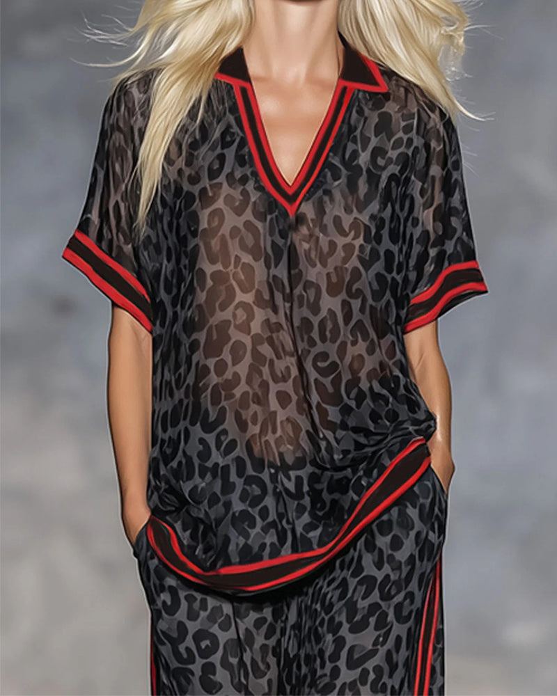 Leopard Pattern Thin Athletic Two-Piece Set