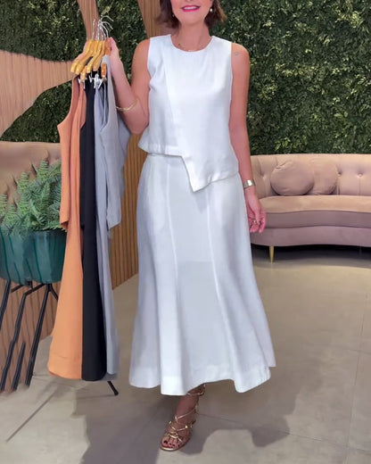 Casual Solid Color Sleeveless Irregular Slim Set