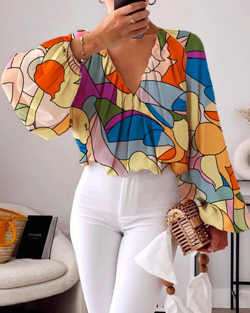 Colorful printed V-neck lantern sleeves blouse blouses & shirts spring summer