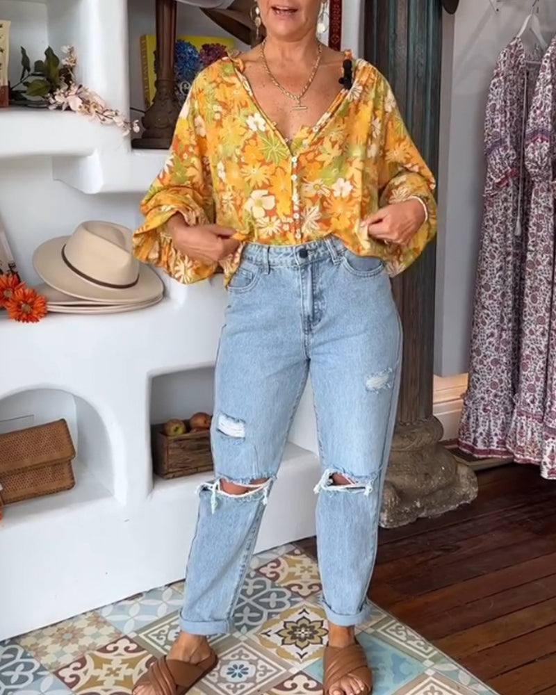 V-neck floral print blouse