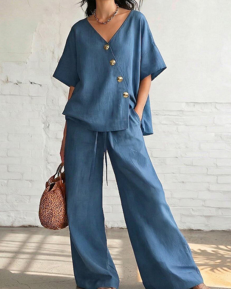 Solid Loose Fit Casual Two-Piece Set