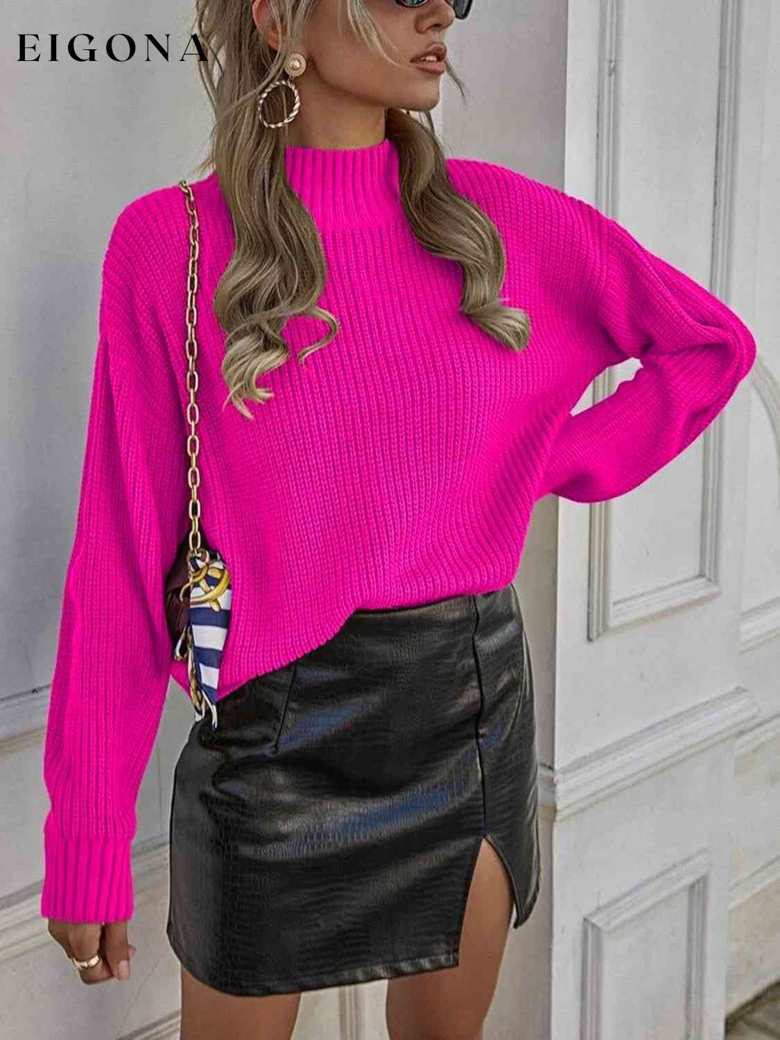 Mock Neck Dropped Shoulder Sweater Hot Pink clothes J@P Ship From Overseas