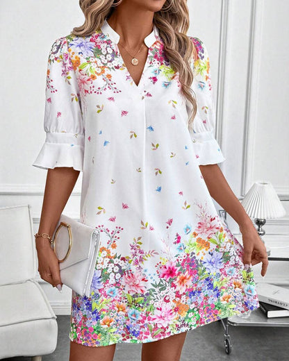 V-Neck Puff Sleeve Printed Dress
