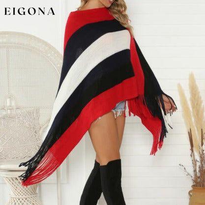 Striped Fringe Trim Poncho clothes Romantichut Ship From Overseas