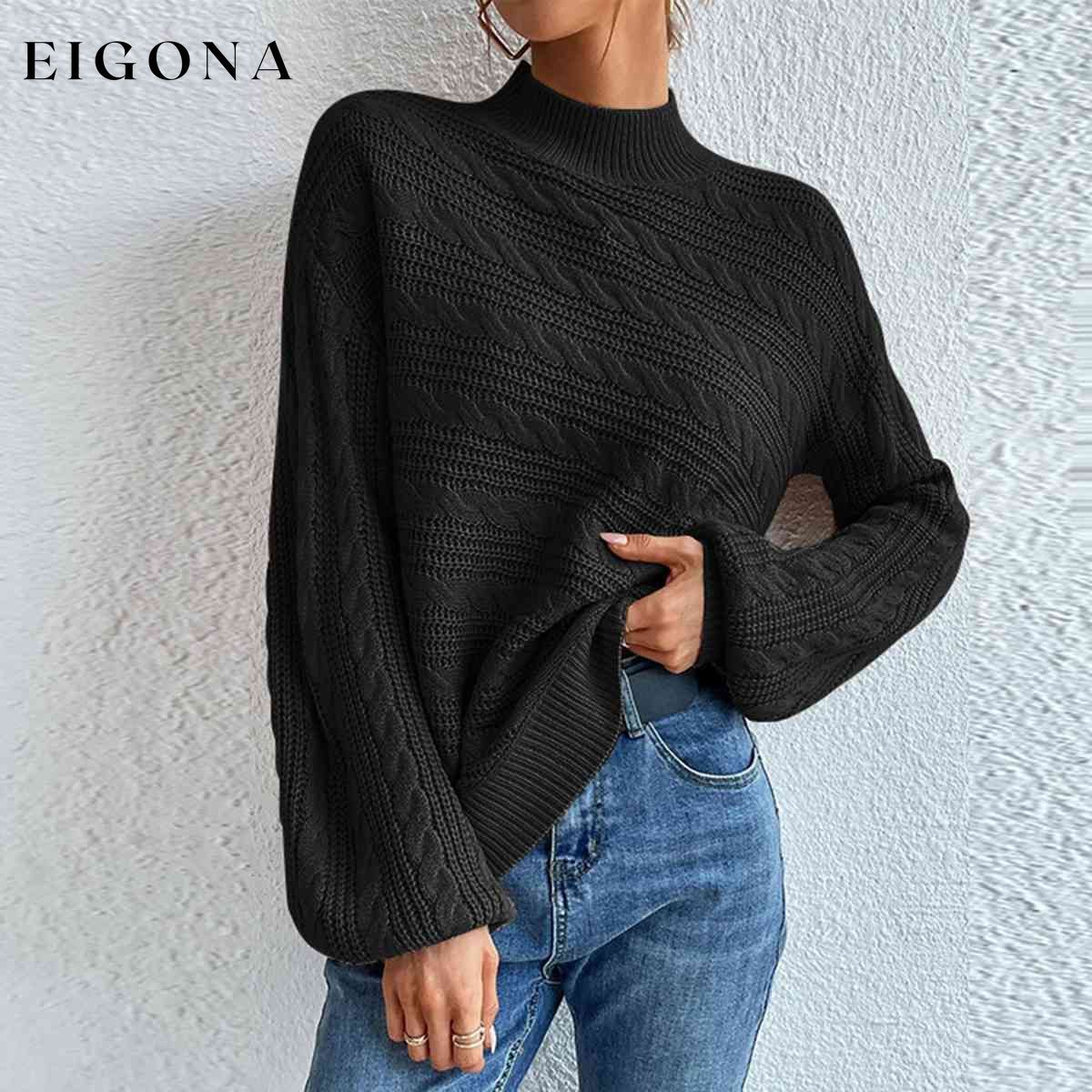 Cable-Knit Mock Neck Long Sleeve Sweater Black clothes M@F@Y Ship From Overseas
