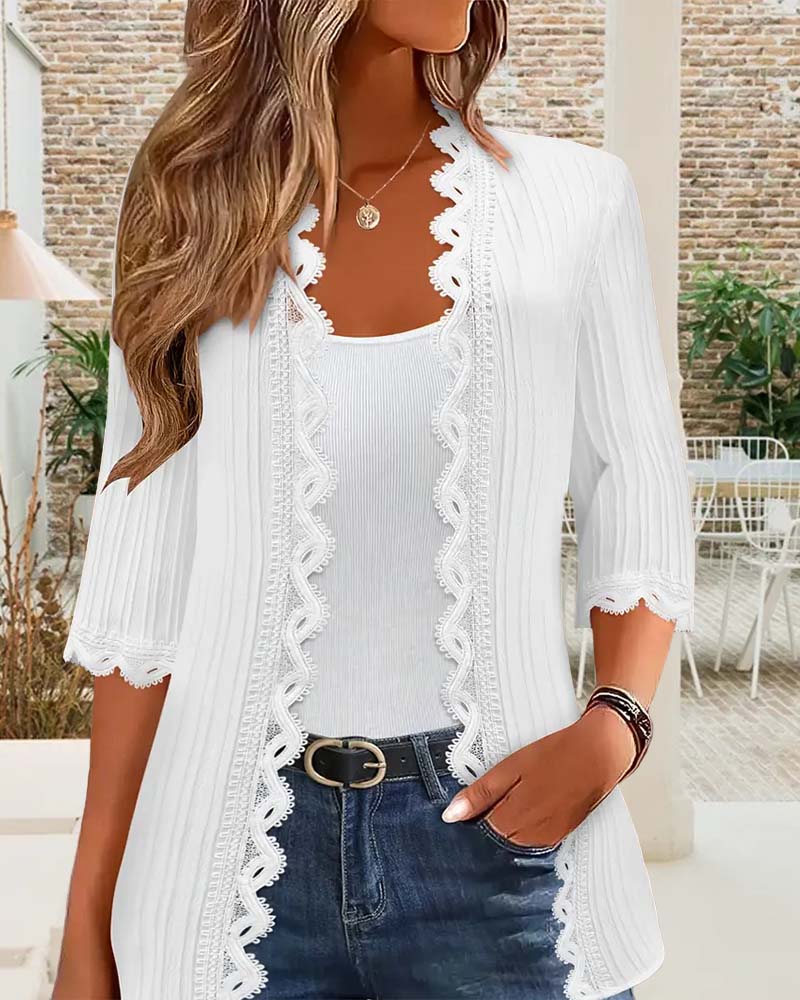 Mid-Length Sleeve Lace Trim Coat