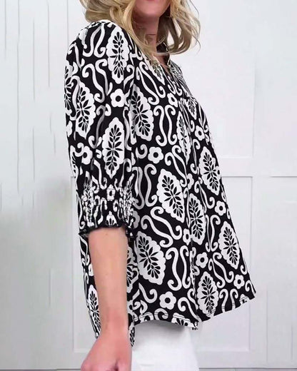 V-Neck Floral Short Sleeve Blouse