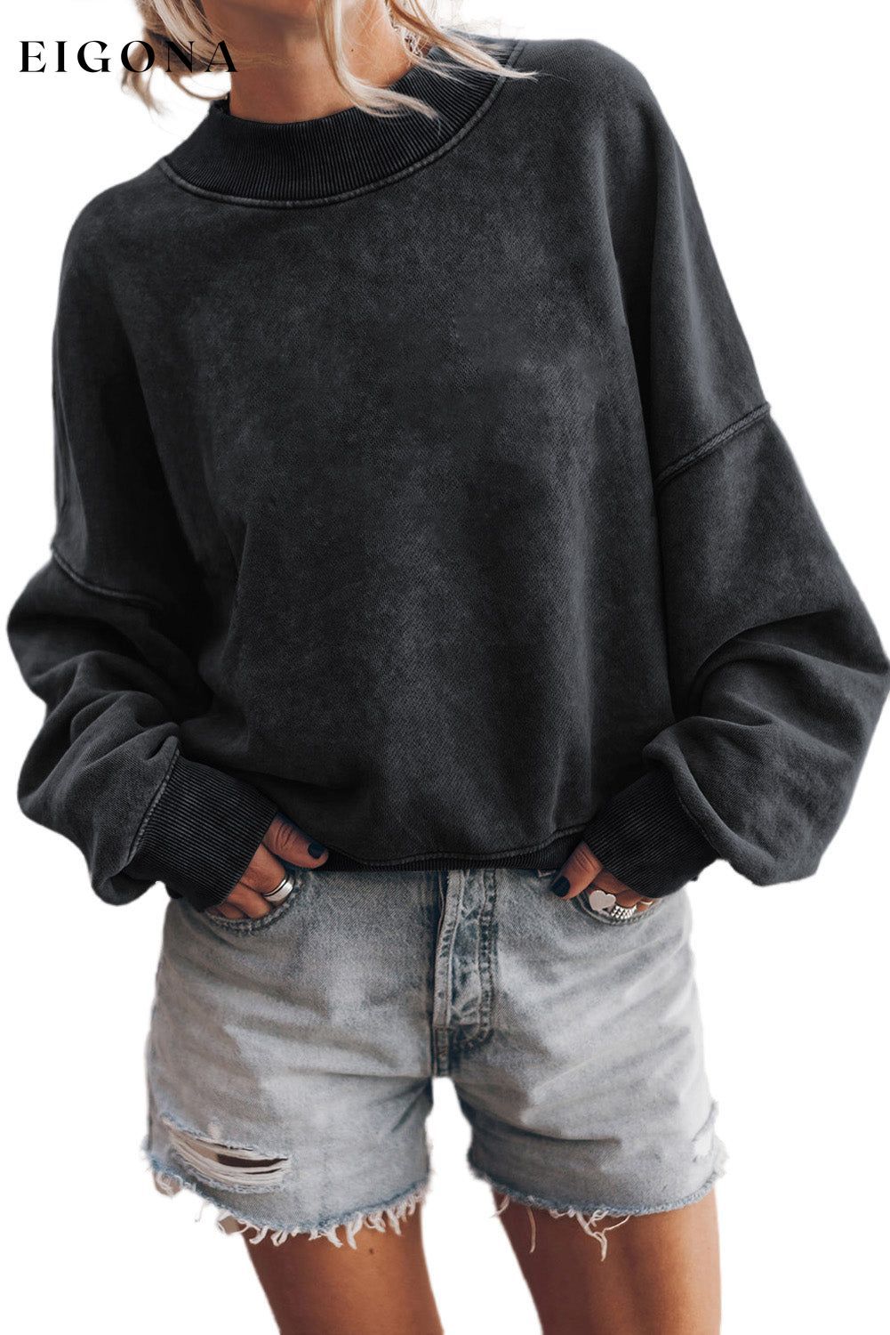 Black Drop Shoulder Crew Neck Pullover Sweatshirt All In Stock Best Sellers clothes Craft Washed EDM Monthly Recomend Hot picks Occasion Daily Print Solid Color Season Winter Style Casual Sweater sweaters Sweatshirt