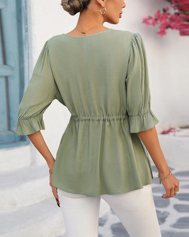 V-Neck Waist Solid Color Elegant Blouse