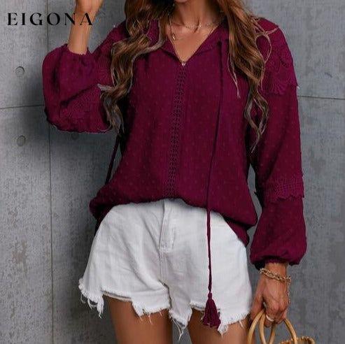 Crochet Tassel Tie Neck Long Sleeve Blouse clothes G@S Ship From Overseas