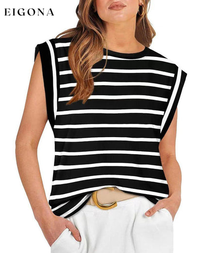 Casual striped print round neck sleeveless top blouses & shirts spring summer