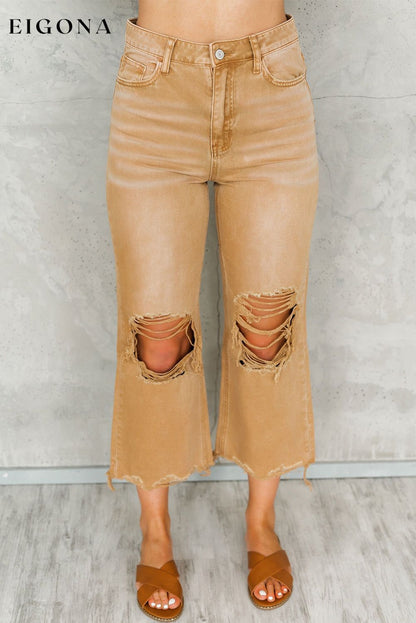 Brown Distressed Hollow-out High Waist Cropped Flare Jeans All In Stock Best Sellers clothes Color Orange Craft Distressed EDM Monthly Recomend Fabric Denim Hot picks Occasion Daily Print Solid Color Season Spring Silhouette Wide Leg Style Southern Belle