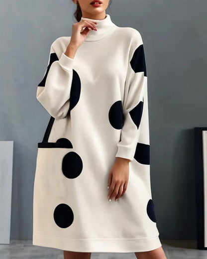 Elegant polka dot high neck pocket loose dress 2024 f/w casual dresses