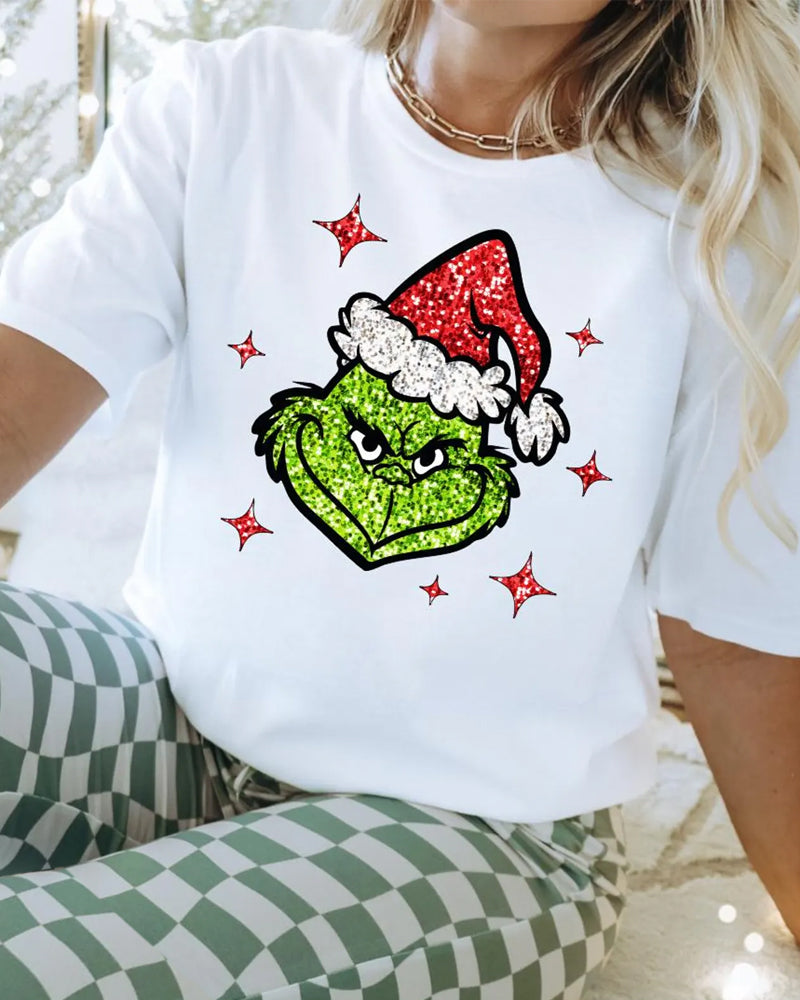 Faux glitter grinch face christmas t-shirt 2024 f/w christmas grinch summer t-shirts