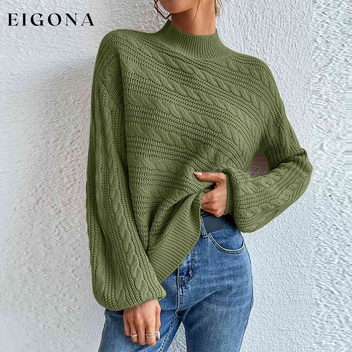 Cable-Knit Mock Neck Long Sleeve Sweater Matcha Green clothes M@F@Y Ship From Overseas