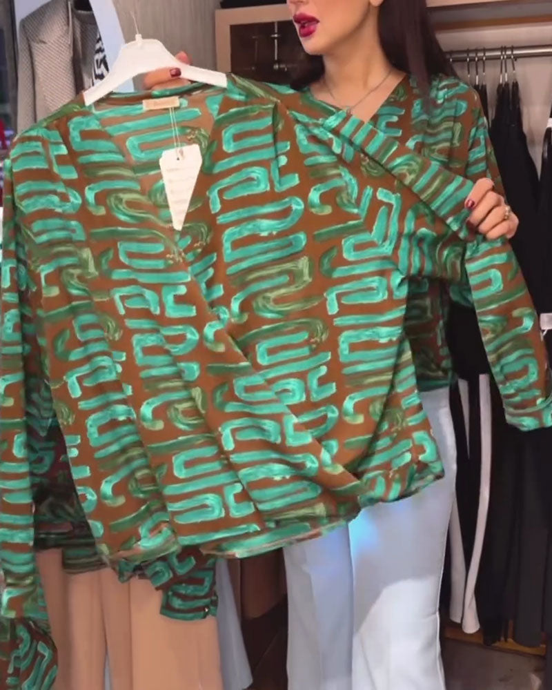 V-Neck Vintage Geometric Print Blouse