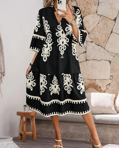 V-neck vintage printed loose dress casual dresses summer