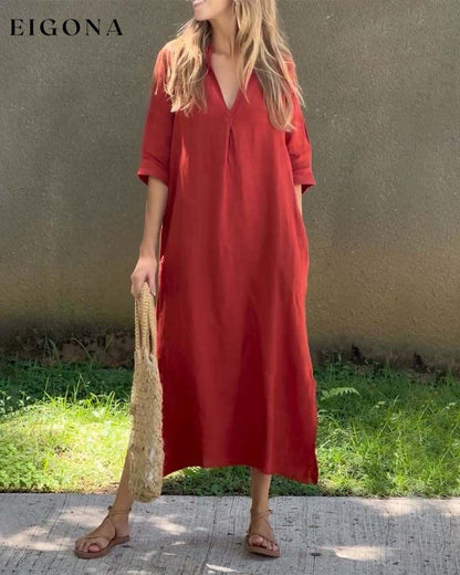 V-neck solid color pocket comfort dress casual dresses cotton and linen spring summer