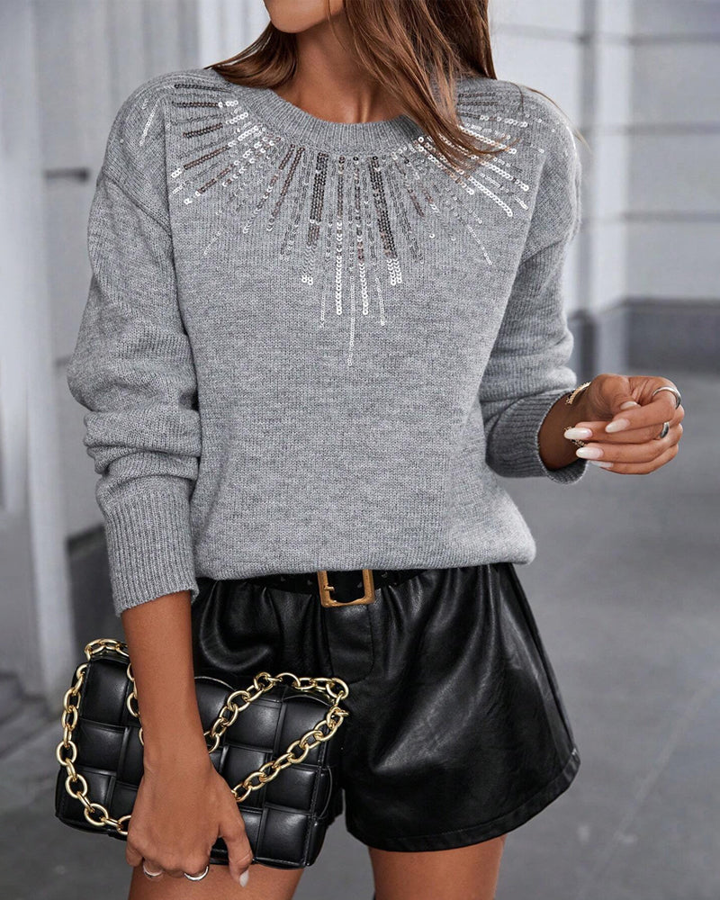 Diamond-Embellished Solid-Color Pullover Sweater