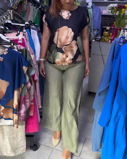 Round Neck Floral Print Short Sleeve Blouse