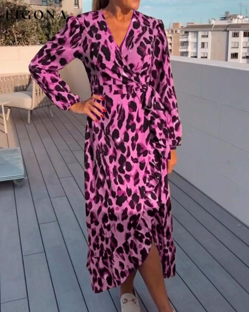 V Neck Leopard Printed Dress Fuchsia 2023 F/W 23BF casual dresses Clothes Dresses Spring Vacation Dresses