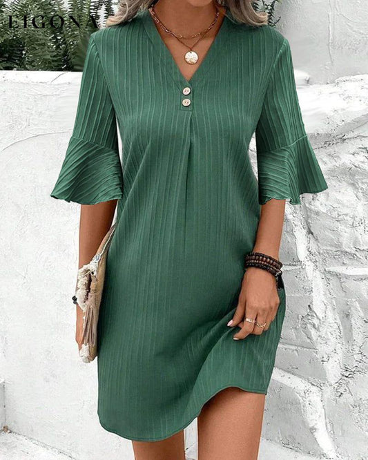 V-neck trumpet sleeve solid color dress Green 23BF Casual Dresses Clothes Dresses Spring Summer
