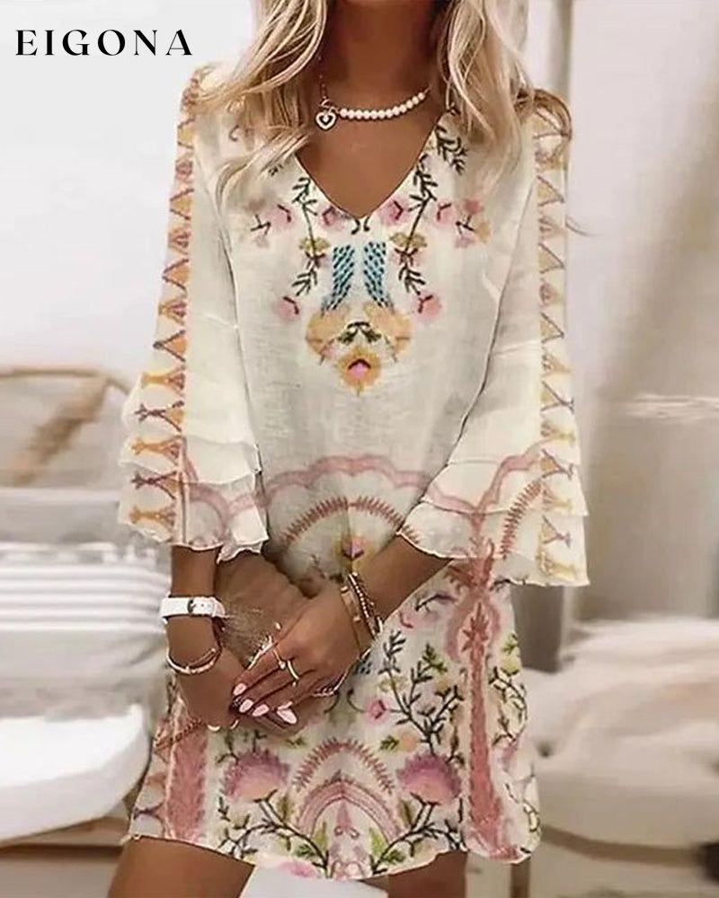 V-neck printed mini dress Beige 23BF Casual Dresses Clothes Dresses Spring Summer