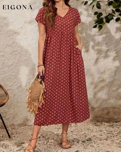 V neck short sleeve long dress Red 23BF Casual Dresses Clothes Dresses Spring Summer Vacation Dresses