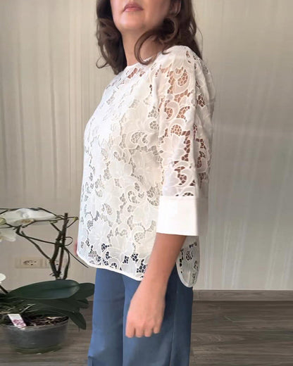 Solid color round neck lace hollow blouse blouses & shirts spring summer