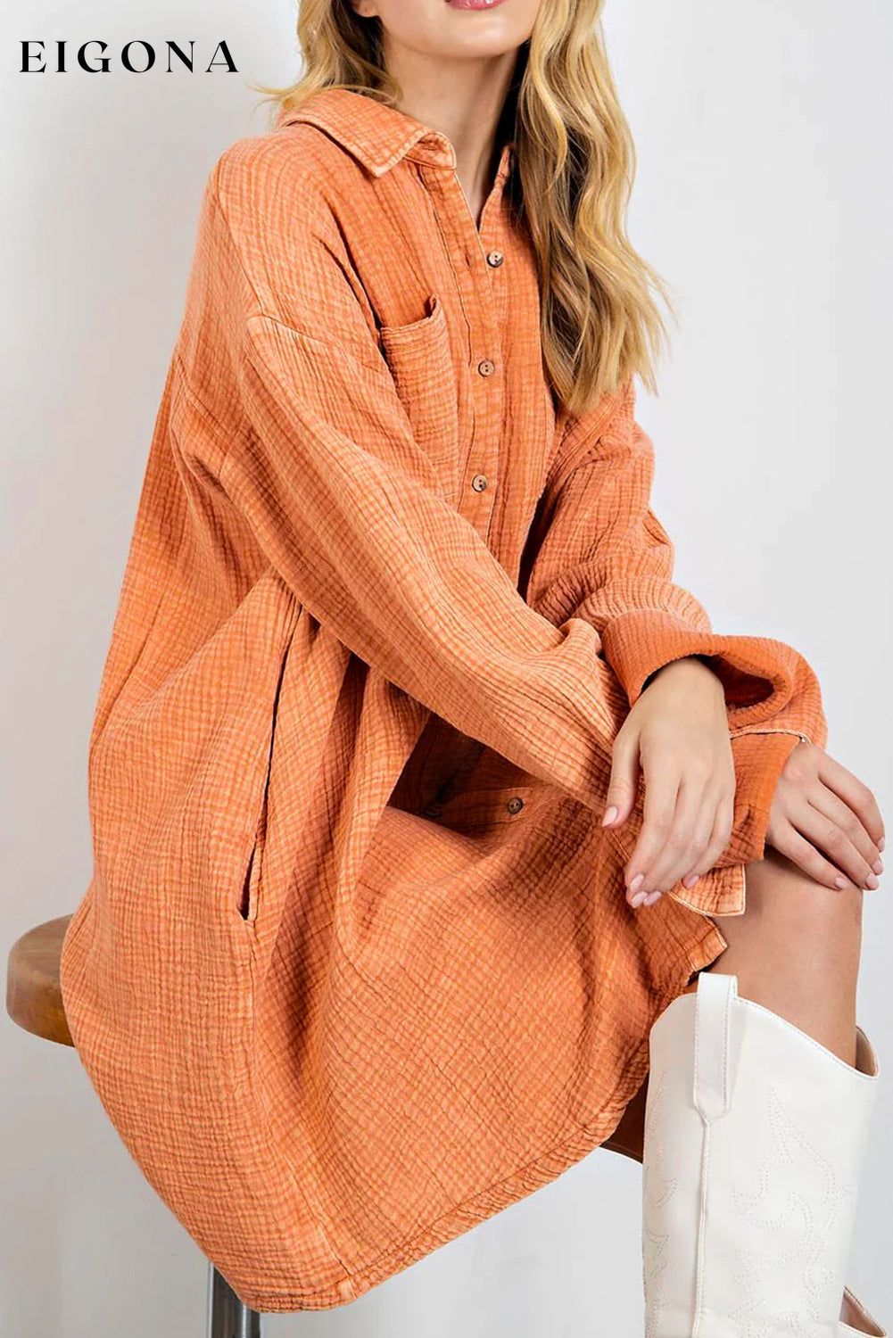 Orange Crinkled Dual Chest Pocket Oversized Shirt Dress All In Stock clothes Color Orange EDM Monthly Recomend Fabric Linen Occasion Daily Print Solid Color Season Spring Style Southern Belle