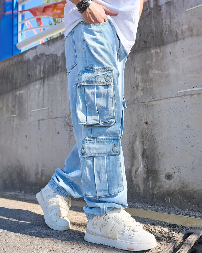 Men's Loose Solid Flap Pocket Cargo Denim Jeans