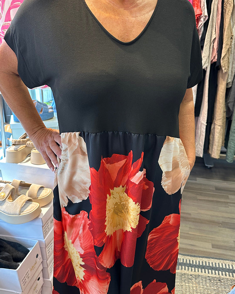 V-Neck Floral Print Contrast Maxi Dress