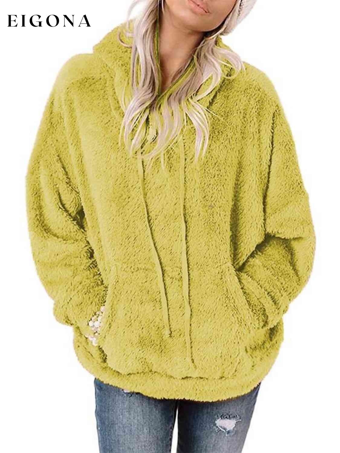 Drawstring Teddy Hoodie with Pocket Chartreuse clothes H@F Ship From Overseas sweater sweaters
