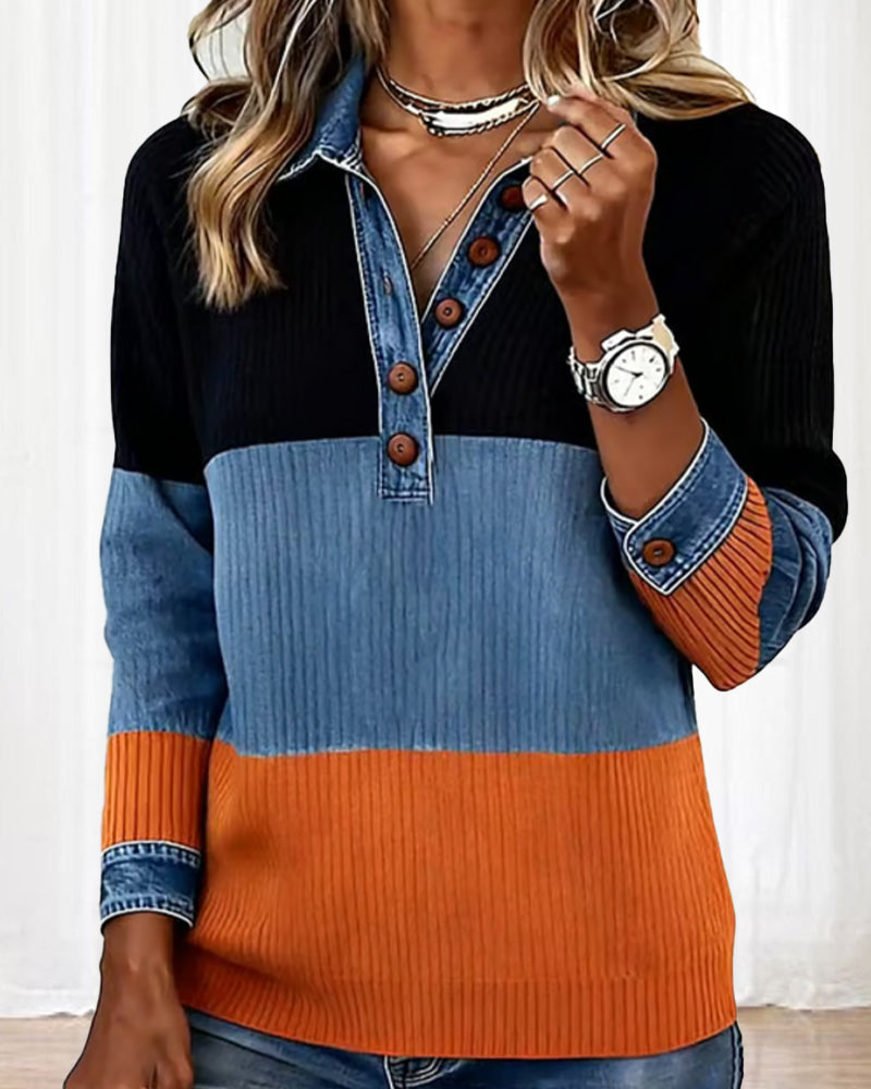 Fashionable Lapel Contrast Color Top
