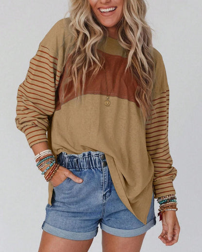 Casual striped contrast color crew neck top 2024 f/w blouses & shirts