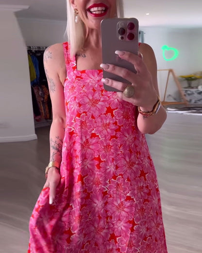 Abito stampato senza spalline con scollo quadrato