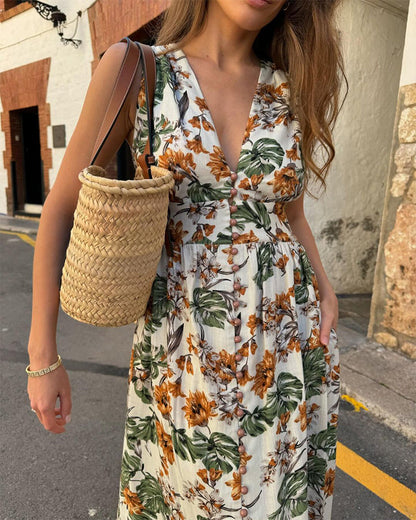 Sleeveless deep v waist floral dress summer vacation dresses