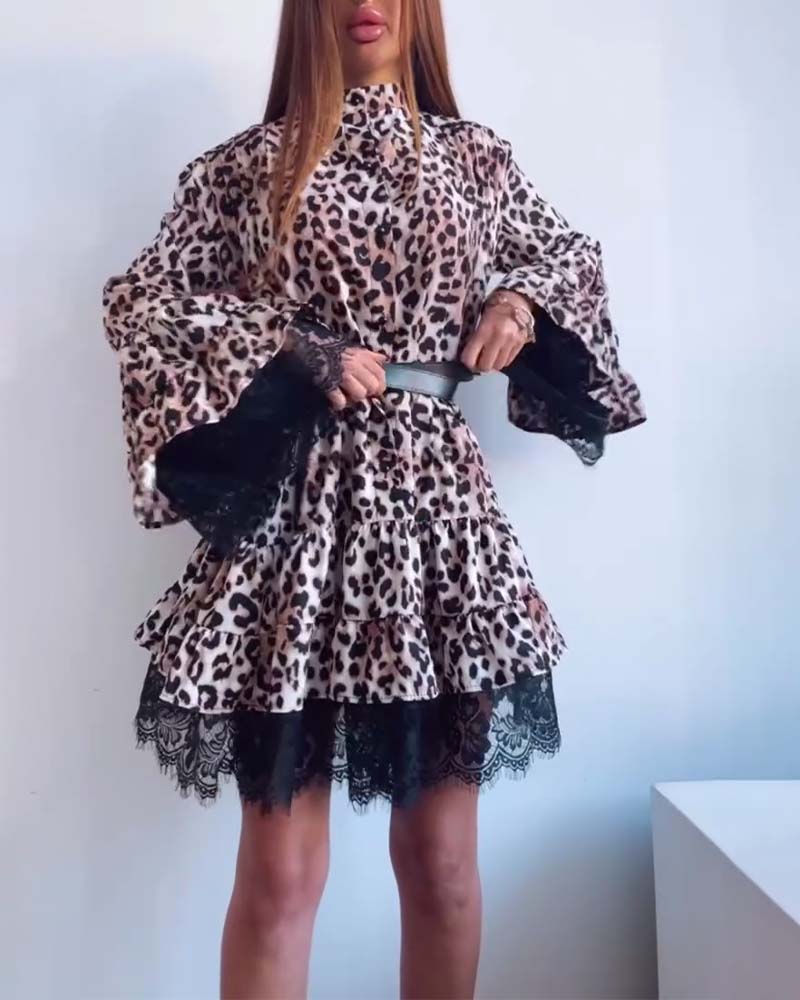 Leopard Lace Patchwork Trumpet Sleeve Dress 2024 f/w casual dresses