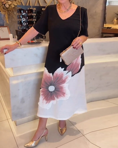 V-Neck Positioning Printed Long Dress