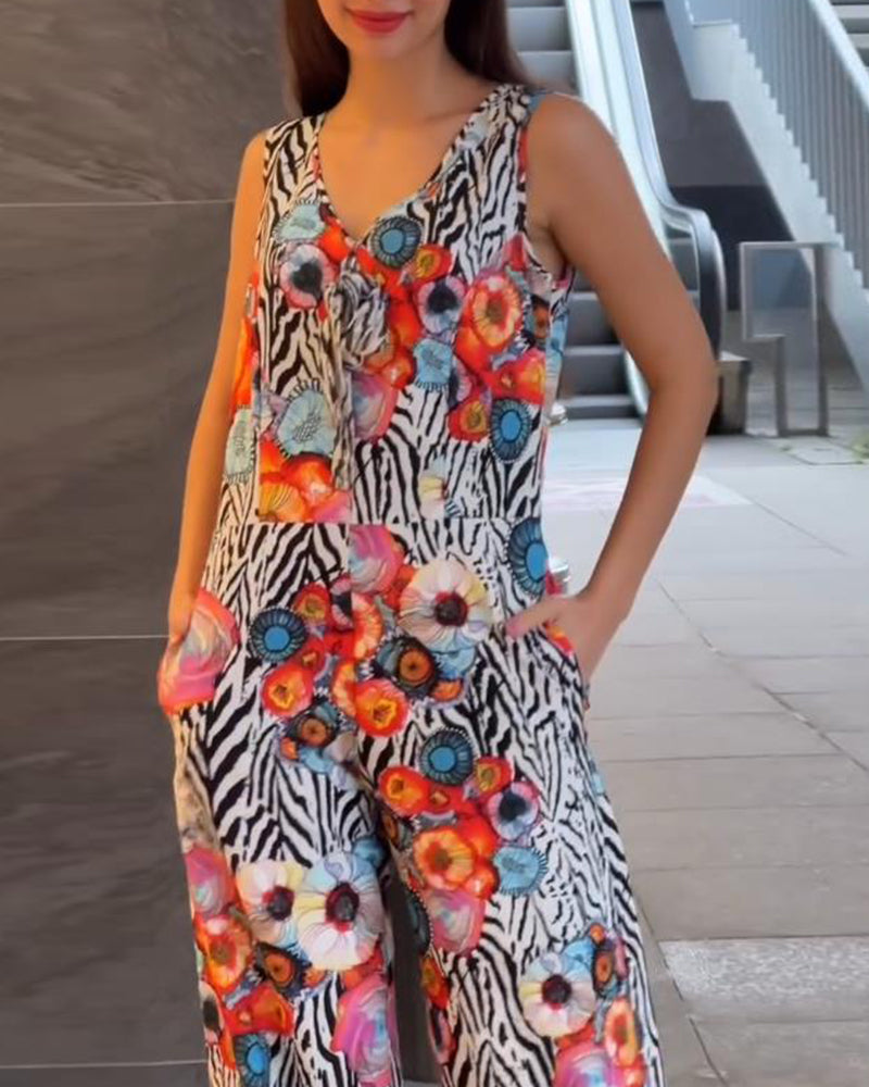 Sleeveless Floral Print Elegant Jumpsuit