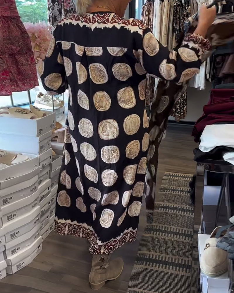 Long-Sleeved V-Neck Printed Dress