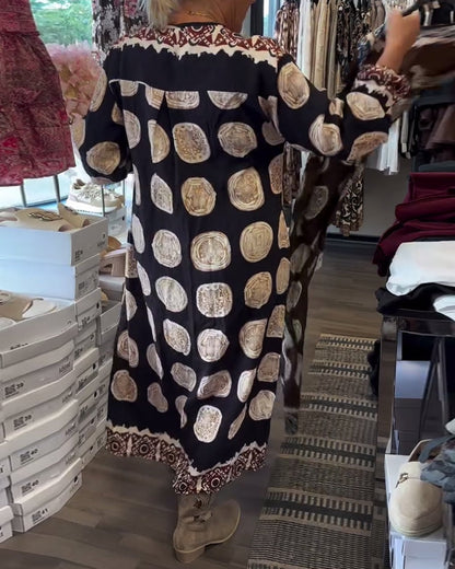 Long-Sleeved V-Neck Printed Dress