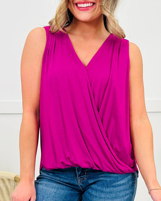 Sleeveless Solid Color Pleated Cross Tank Top