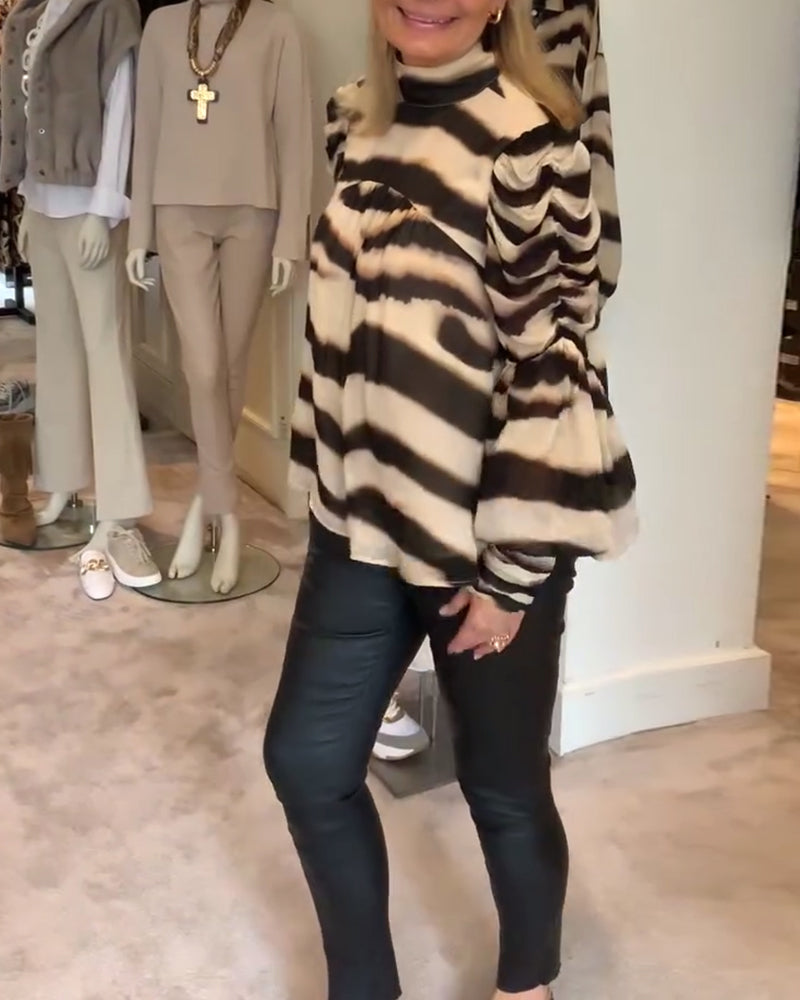 Contrasting Fashionable Lantern Sleeve Blouse