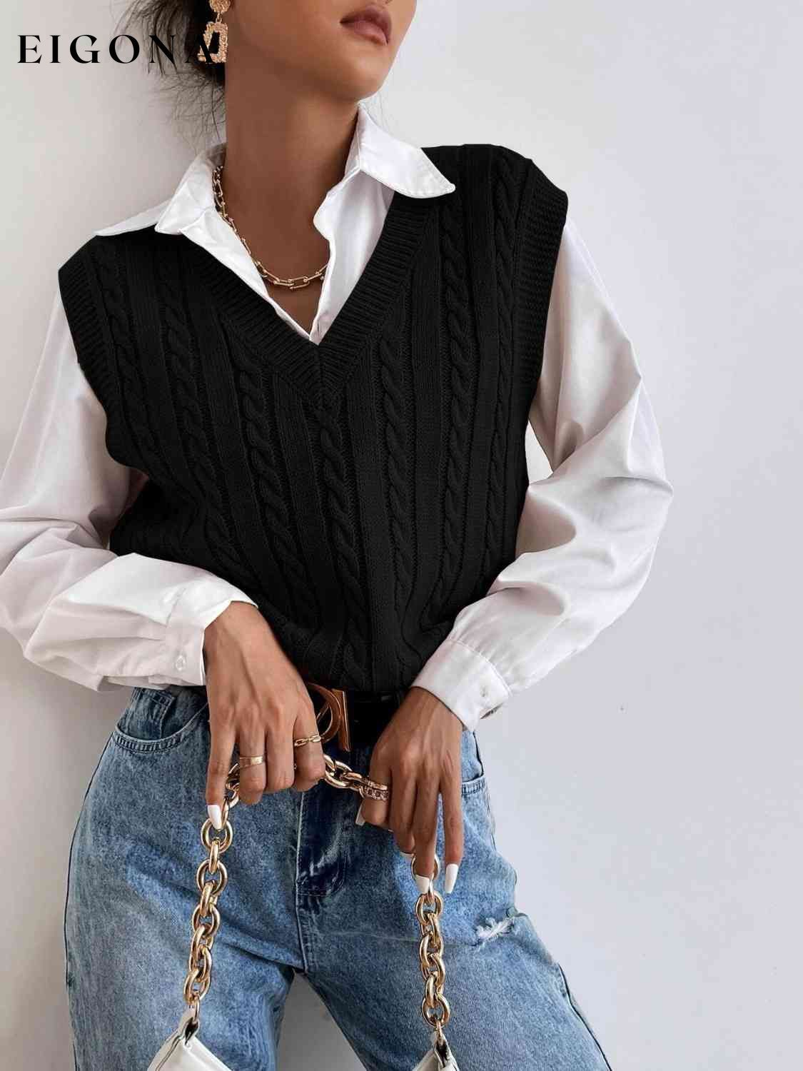 Cable-Knit V-Neck Sleeveless Sweater Vest clothes J@P Ship From Overseas